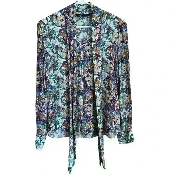 Zara Bow Top Blouse Silk Blend Floral Pattern Sz S - Picture 2 of 9